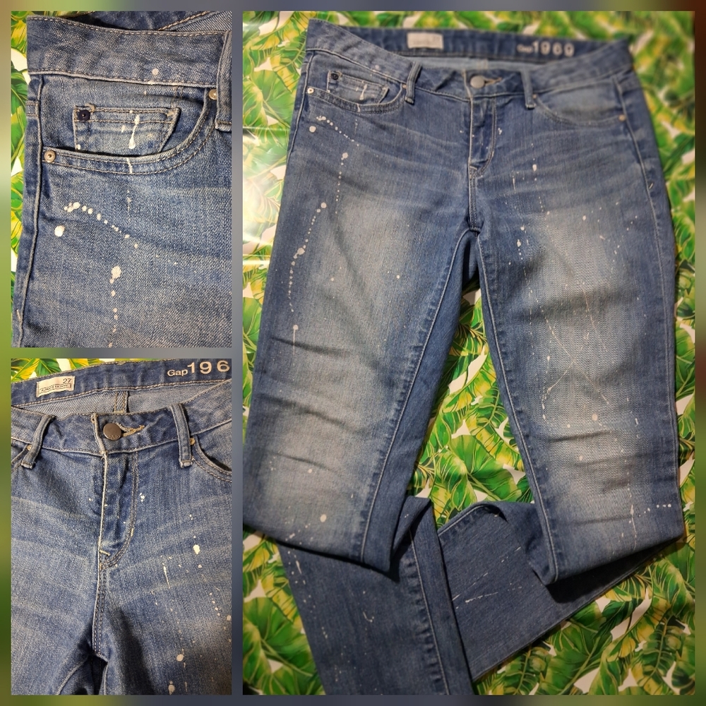 🔥GAP 1969 Indigo Light Blue Always Skinny Jeans Paint Spots Design Size 27 EUC